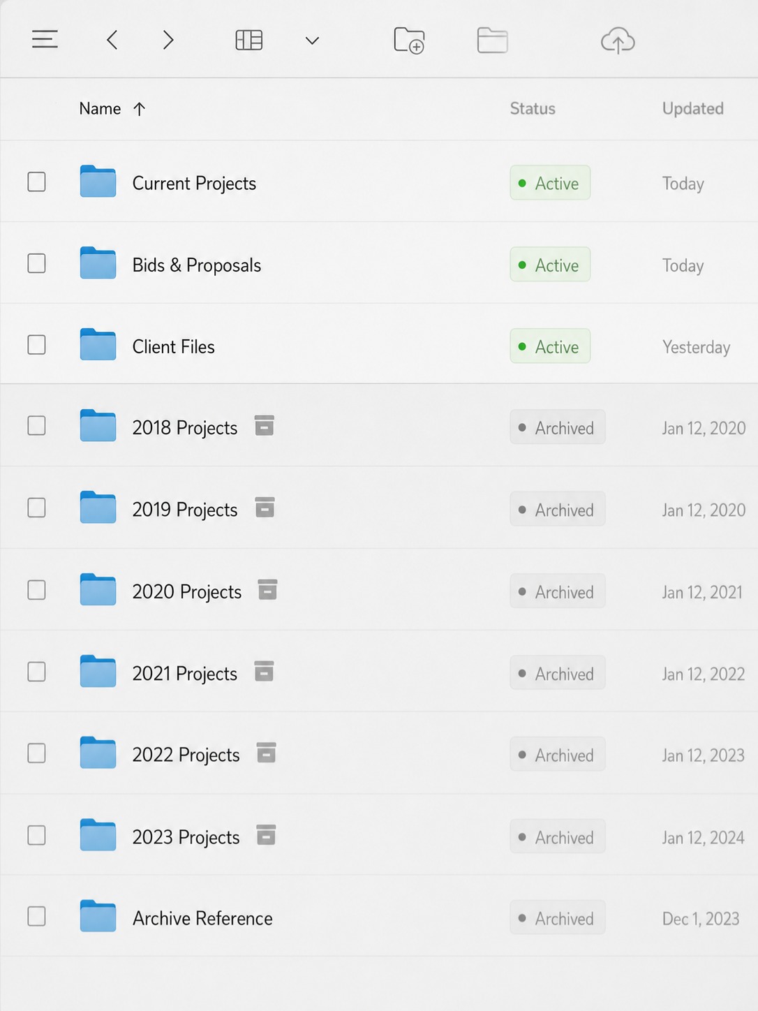 Cloud storage interface showing organized project folders and an archive policy label.