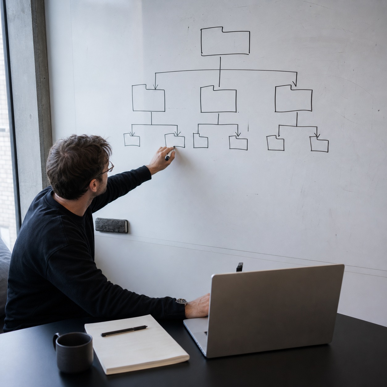 Cloud Folder Structure Planning Designer sketching a cloud folder tree on a whiteboard beside an open laptop. | Sky Rye Design Designer sketching a cloud folder tree on a whiteboard beside an open laptop.