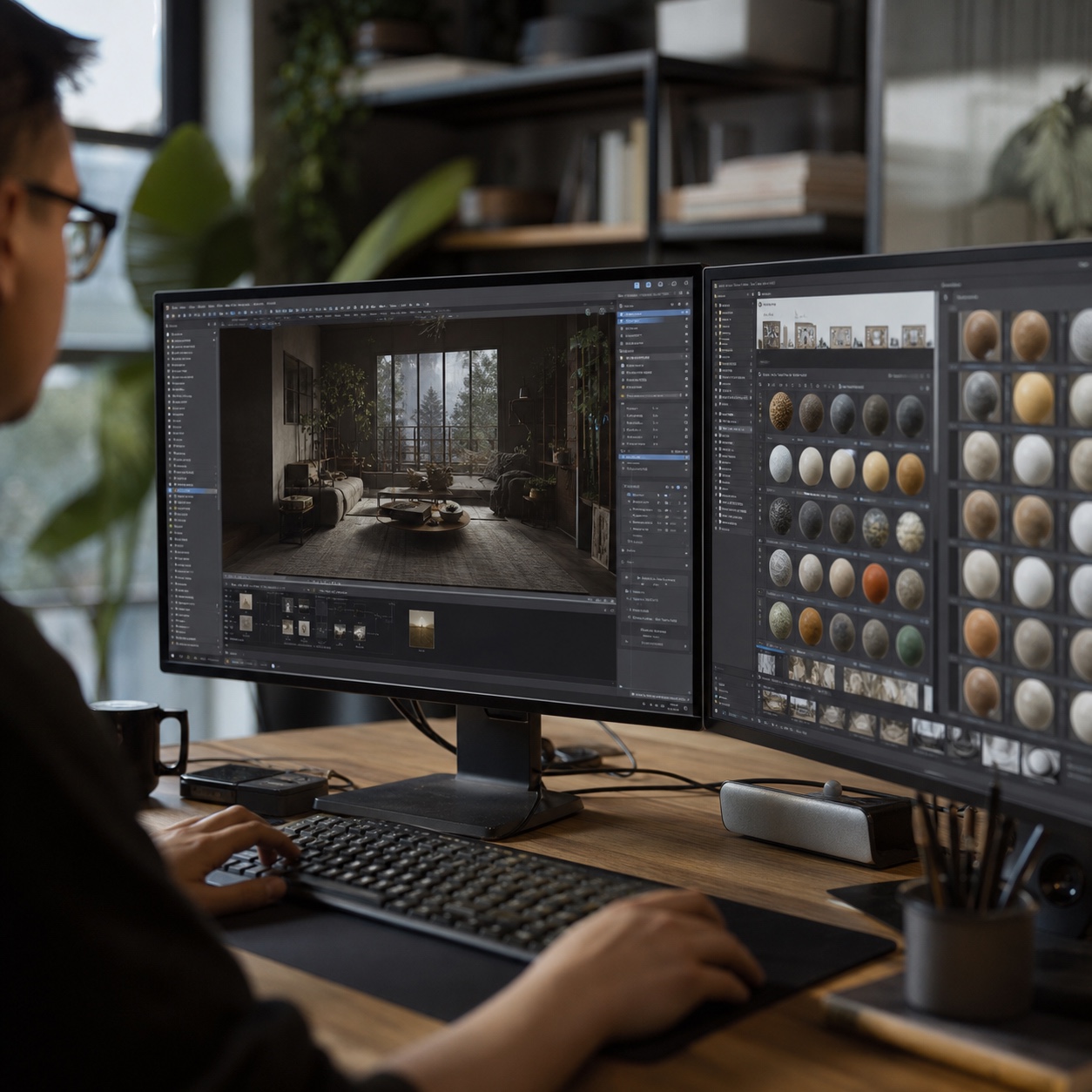 Cloud Rendering Dual Monitor Workspace Dual-monitor design desk showing a 3D scene rendering beside a texture library. | Sky Rye Design Dual-monitor design desk showing a 3D scene rendering beside a texture library.