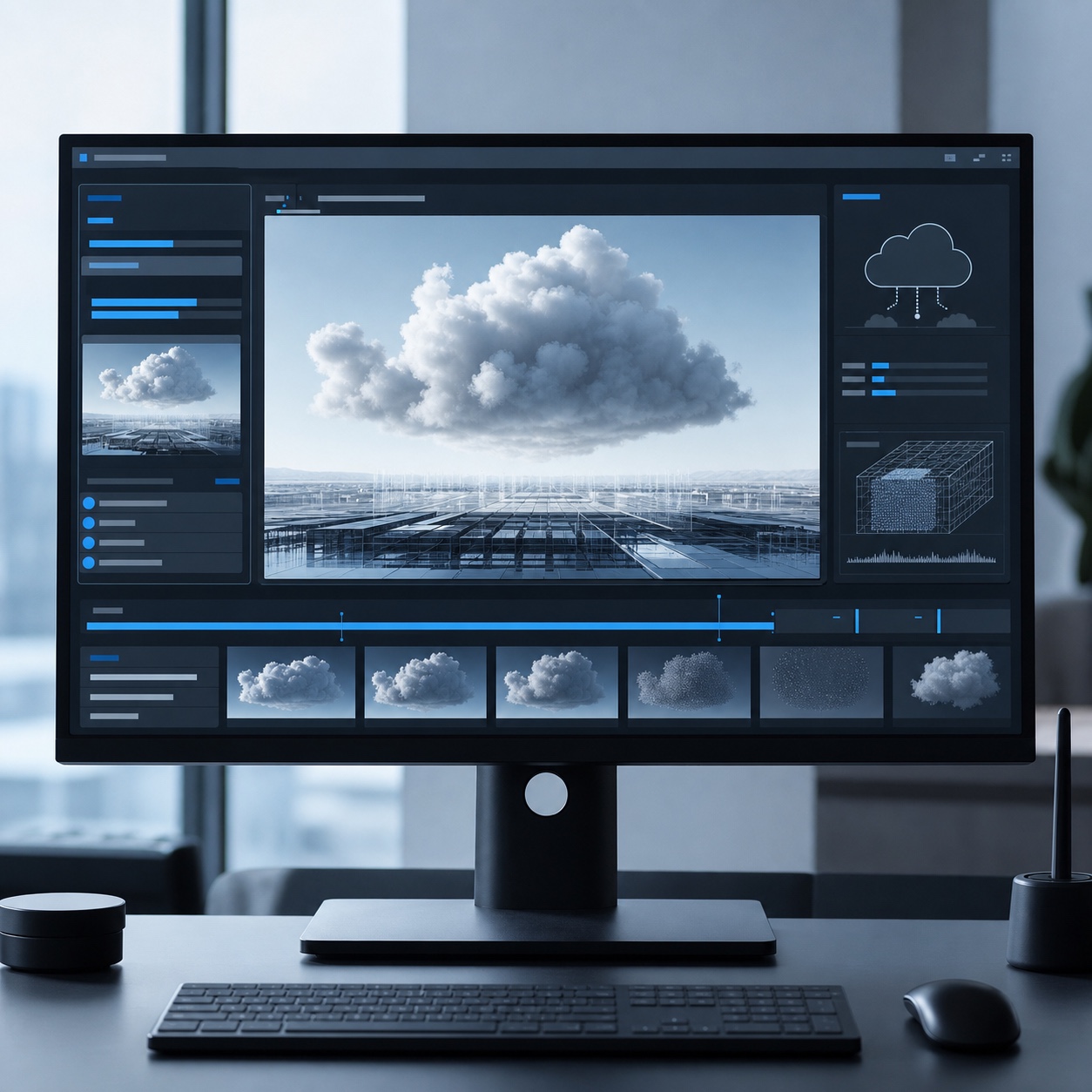 Cloud rendering workflow interface A studio monitor showing a cloud rendering workflow interface for a 3D scene. | Sky Rye Design A studio monitor showing a cloud rendering workflow interface for a 3D scene.