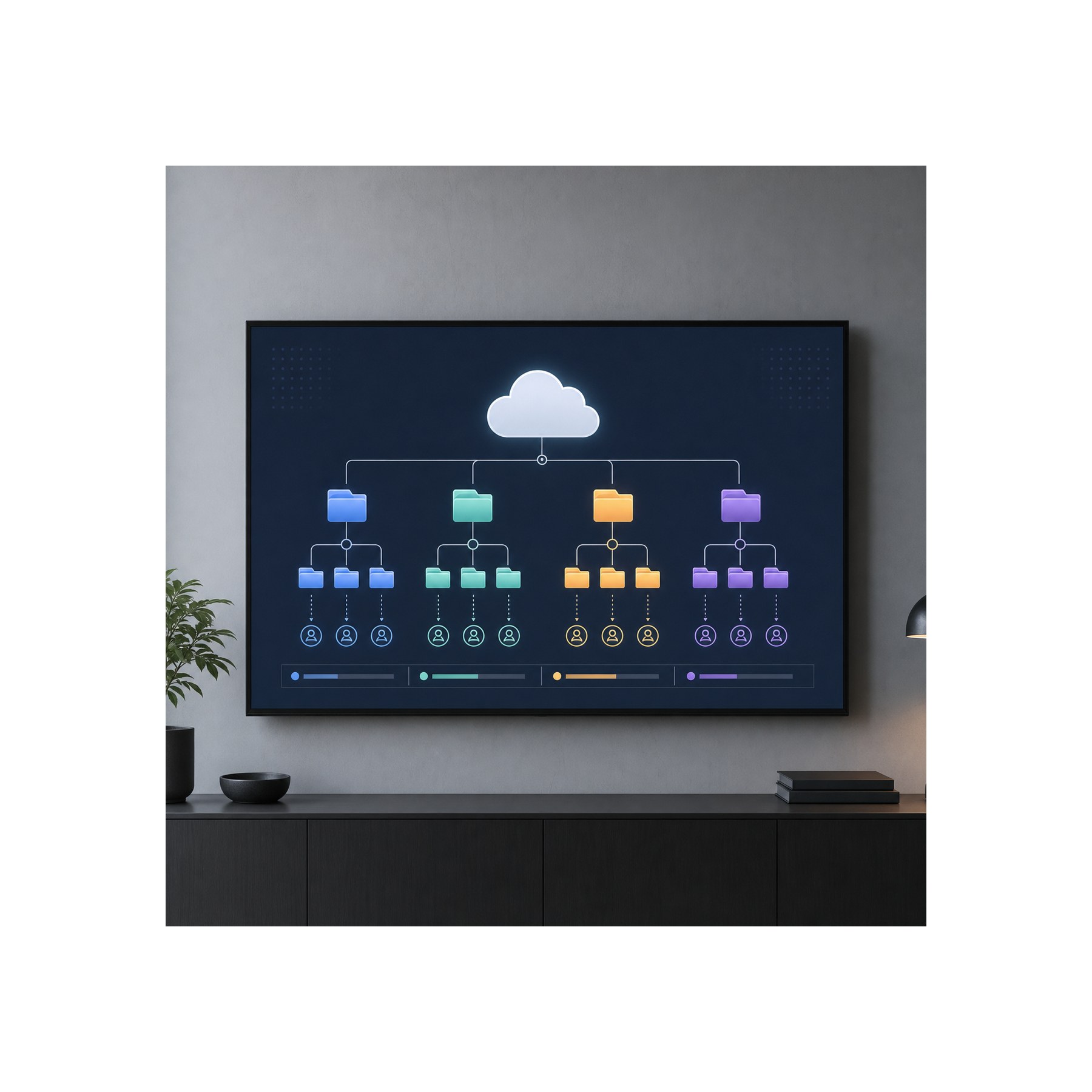 Cloud storage permissions map Wall-mounted studio display showing cloud storage permission tiers for client folders | Sky Rye Design Wall-mounted studio display showing cloud storage permission tiers for client folders