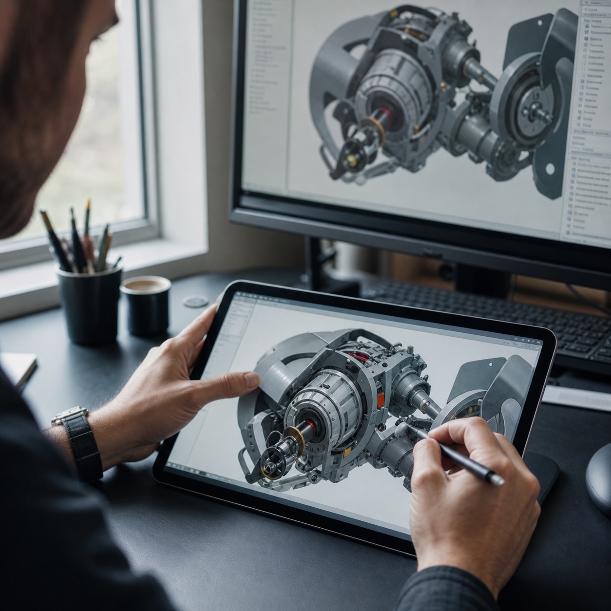 Cloud Workstation CAD Assembly Review Designer using a stylus on a tablet while reviewing a complex CAD assembly on a monitor. | Sky Rye Design Designer using a stylus on a tablet while reviewing a complex CAD assembly on a monitor.