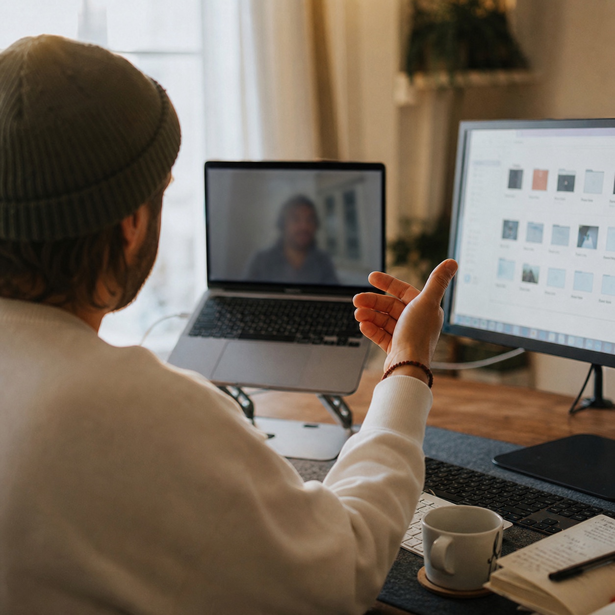 Cloud Workstation Freelancer Onboarding Designer on a video call beside a monitor showing a shared project folder. | Sky Rye Design Designer on a video call beside a monitor showing a shared project folder.