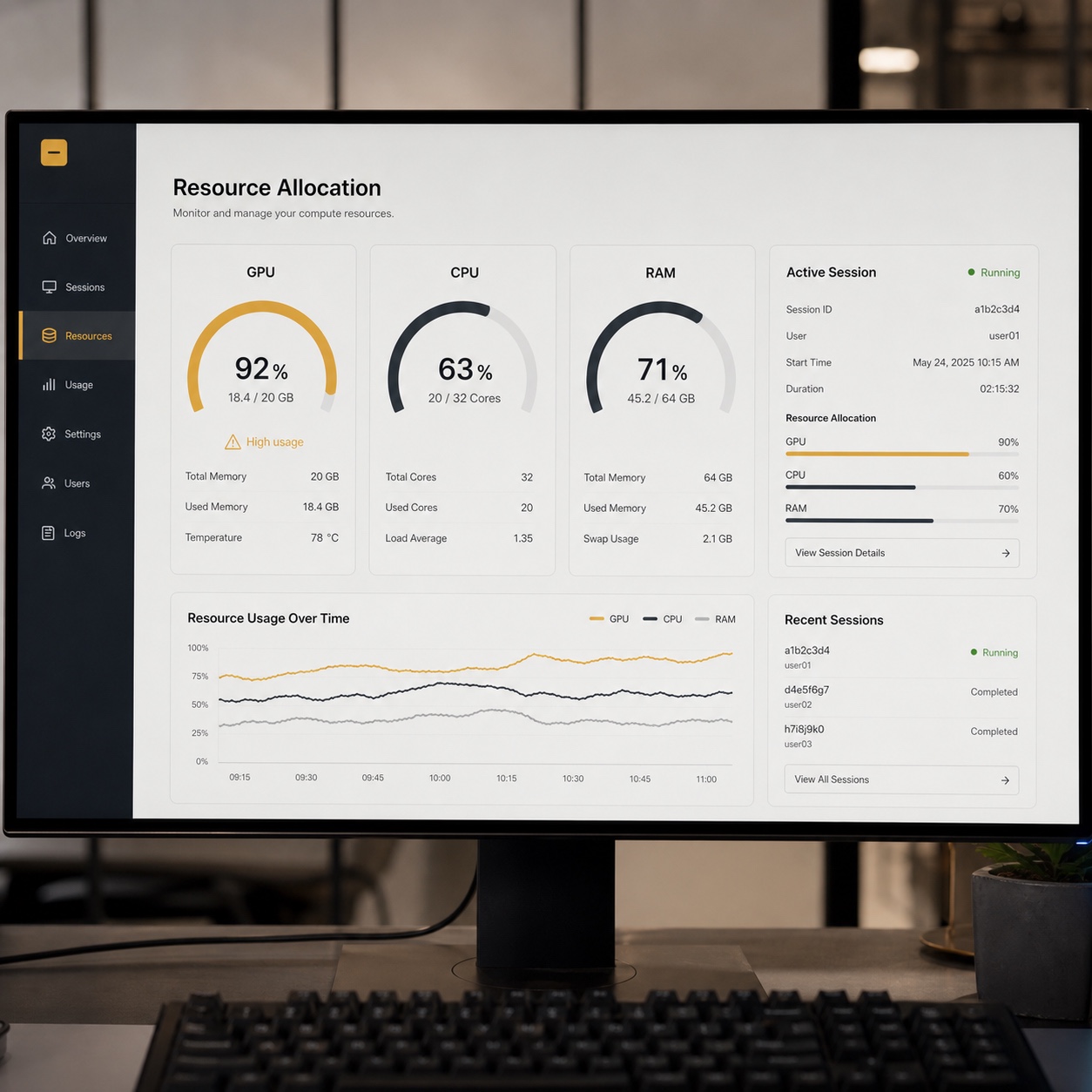 Cloud Workstation GPU Allocation Interface Monitor showing GPU, CPU, and RAM allocation meters for a remote workstation. | Sky Rye Design Monitor showing GPU, CPU, and RAM allocation meters for a remote workstation.