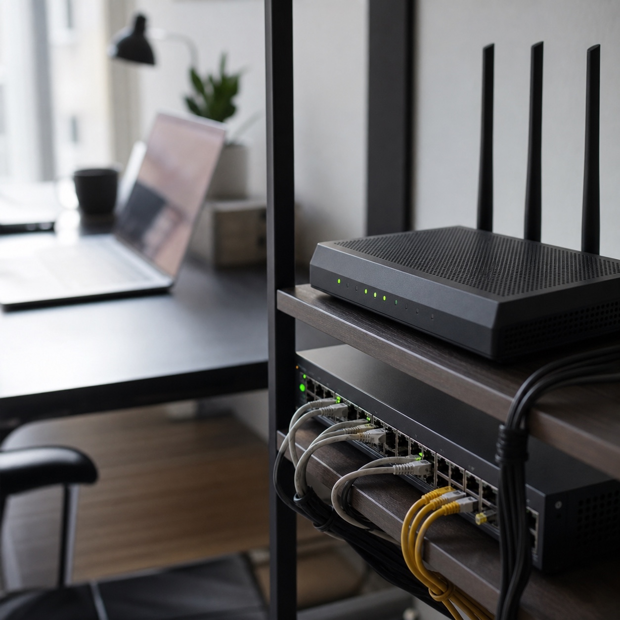 Cloud Workstation Network Hardware Setup Router and network switch on a shelf with organized cables near a design desk. | Sky Rye Design Router and network switch on a shelf with organized cables near a design desk.