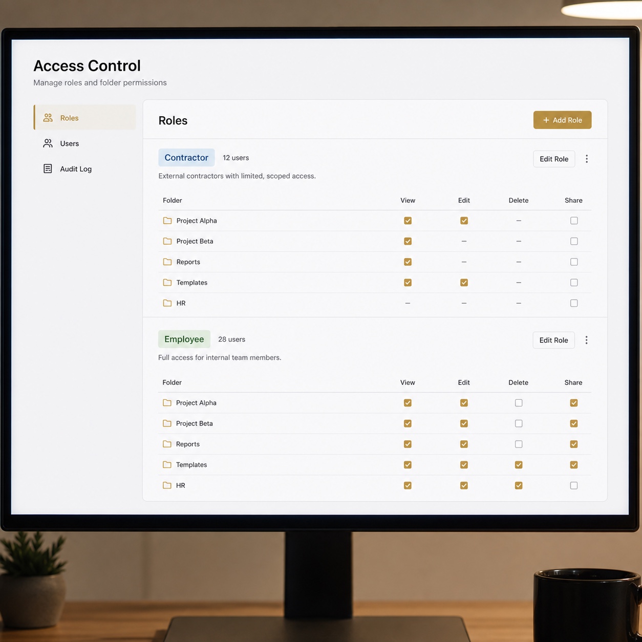 Cloud Workstation Role-Based Access Control Monitor showing contractor and employee role tags with scoped folder permissions. | Sky Rye Design Monitor showing contractor and employee role tags with scoped folder permissions.