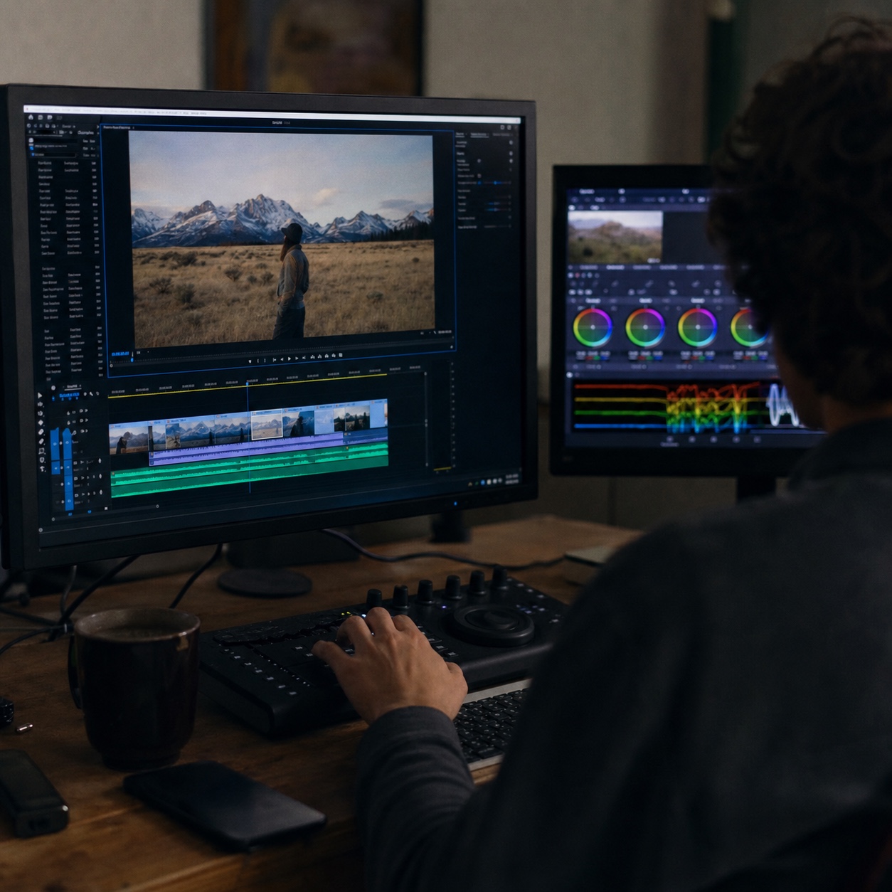 Cloud Workstation Video Editing Timeline Designer scrubbing through a 4K video timeline with color grading controls on a second screen. | Sky Rye Design Designer scrubbing through a 4K video timeline with color grading controls on a second screen.