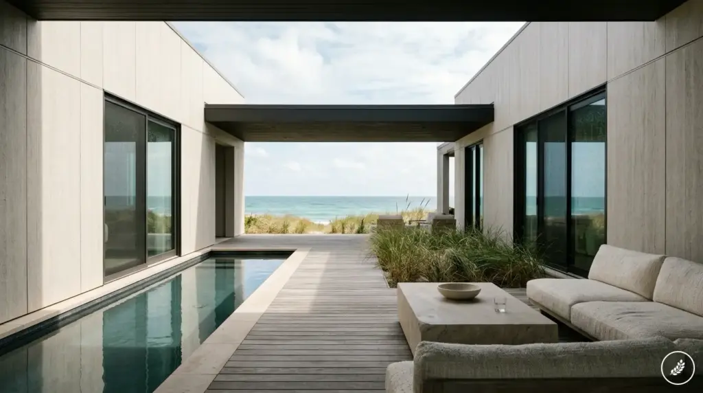 Courtyard_in_contemporary_beach__202608061631 Luxury modern beachfront patio with lap pool, wooden deck, minimalist seating and framed ocean view | Sky Rye Design Luxury modern beachfront patio with lap pool, wooden deck, minimalist seating and framed ocean view