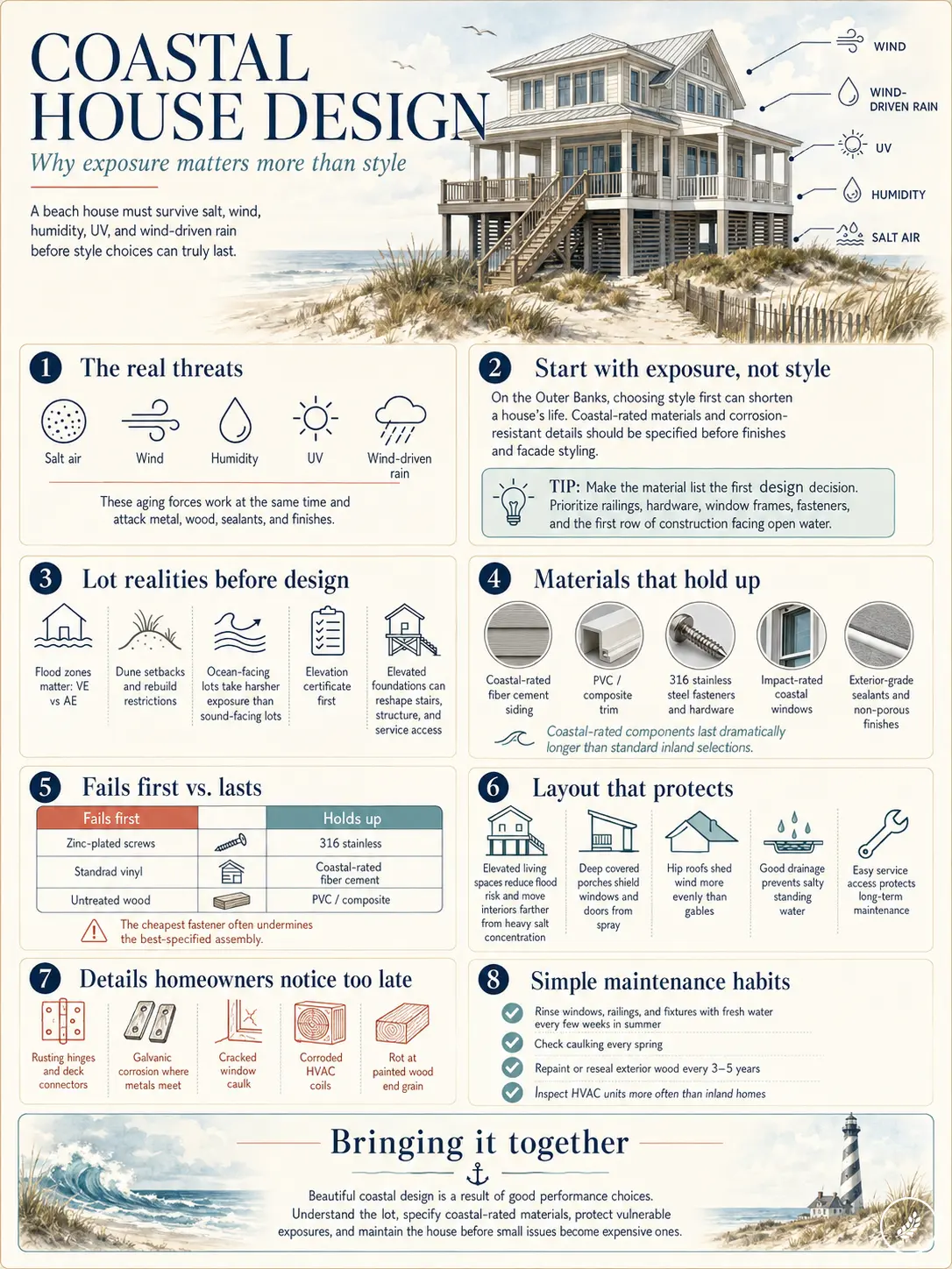 21eb928f-e226-4d42-94ac-0abf335d85a0 Coastal house design infographic: exposure threats (salt, wind, humidity, UV), durable materials, layout and maintenance | Sky Rye Design Coastal house design infographic: exposure threats (salt, wind, humidity, UV), durable materials, layout and maintenance
