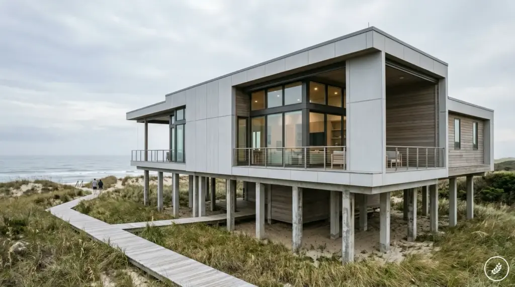Elevated_oceanfront_house_storm__202608061630 Modern elevated beachfront house on stilts with wraparound deck, wooden boardwalk, sand dunes and ocean view | Sky Rye Design Modern elevated beachfront house on stilts with wraparound deck, wooden boardwalk, sand dunes and ocean view