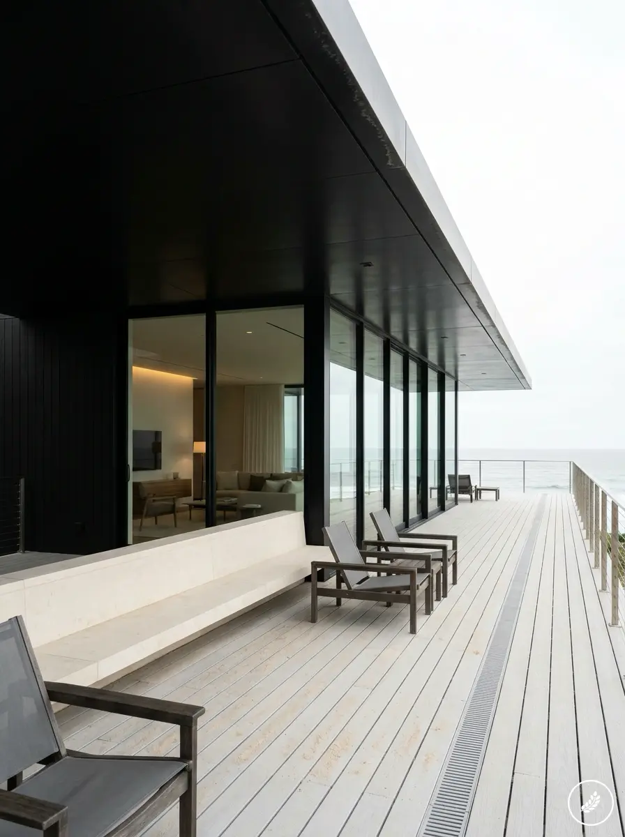 Veranda_designed_as_buffer_202608061633 Modern beachfront house with glass walls and a wooden deck lined with lounge chairs overlooking the sea. | Sky Rye Design Luxury modern beachfront deck with lounge chairs, floor-to-ceiling glass doors and sweeping ocean view
