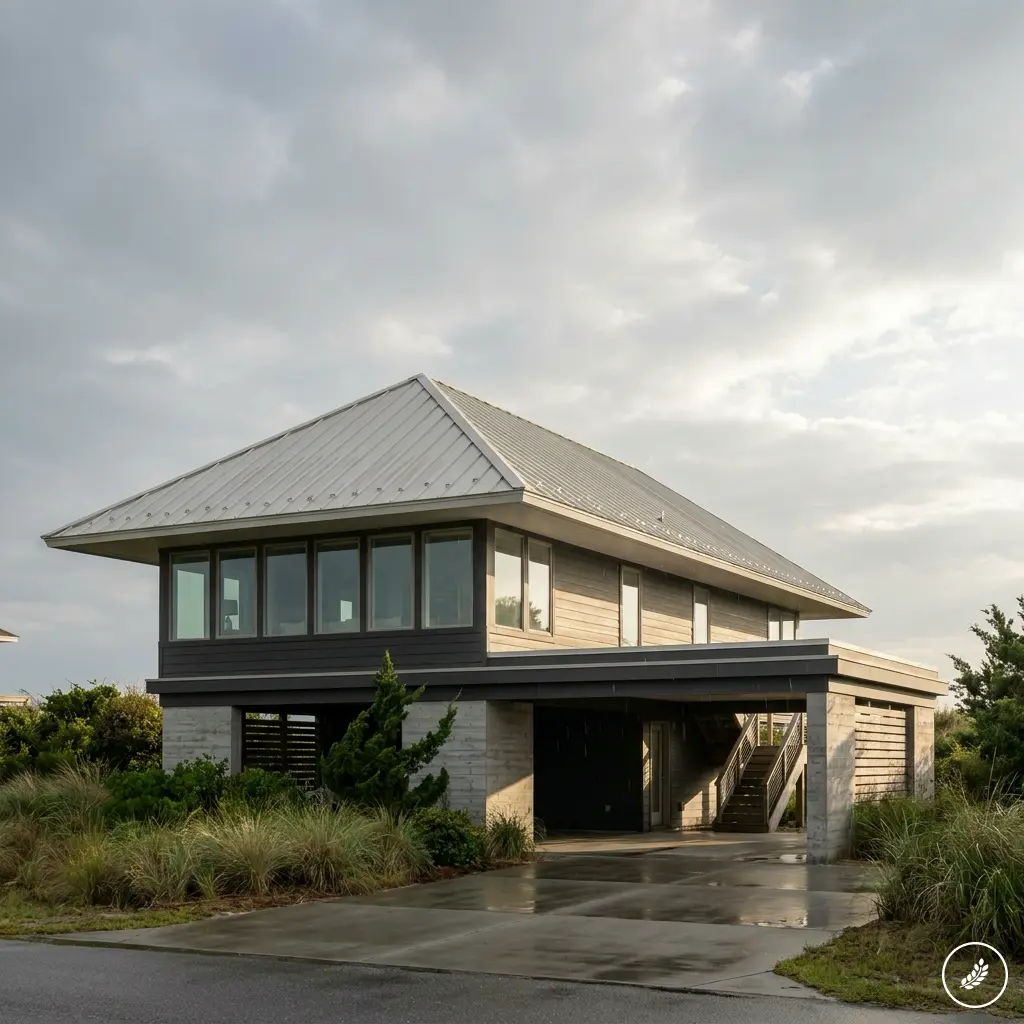 Contemporary_residence_with_hip__202608061634 Modern elevated beach house with metal roof, large windows, covered parking and wet driveway amid dune grasses. | Sky Rye Design Modern elevated beach house with metal roof, large windows, covered parking and wet driveway amid dune grasses.