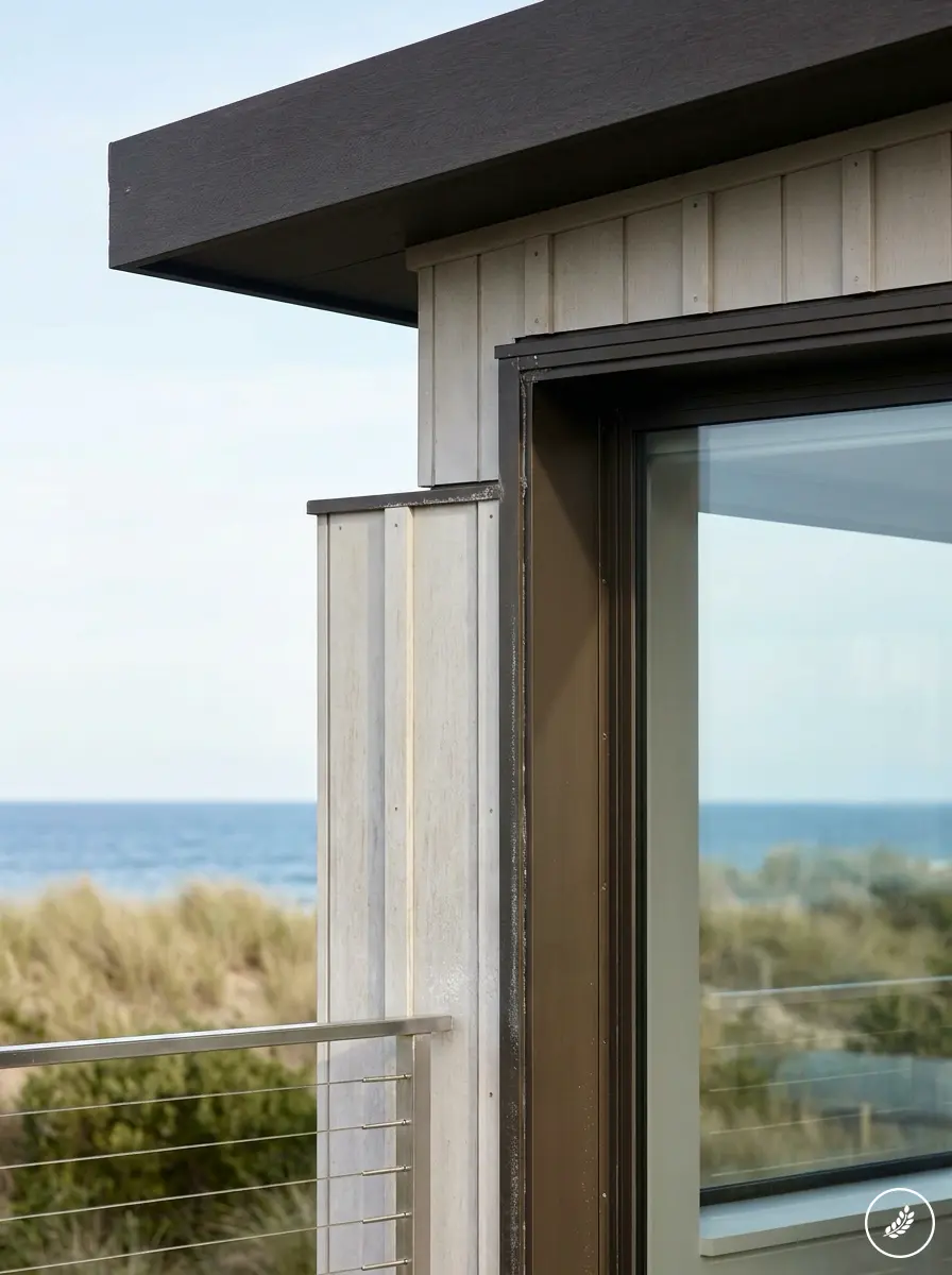 Architectural_detail_photograph__202608061636 Modern coastal home exterior with glass sliding door and stainless cable railing overlooking dunes and ocean view. | Sky Rye Design Modern coastal home exterior with glass sliding door and stainless cable railing overlooking dunes and ocean view.