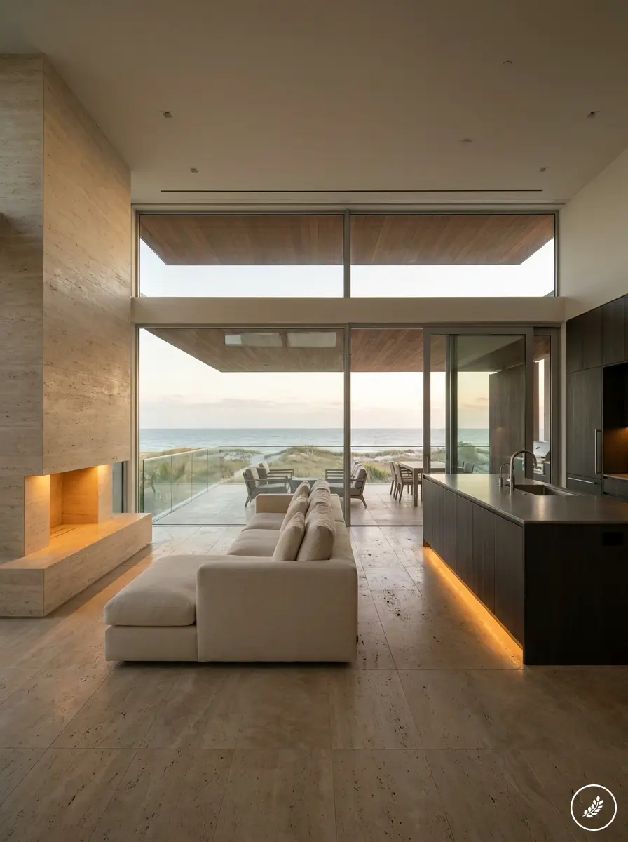 Beach_house_interior_living_room_202608061637 Luxury beachfront open-plan living room and kitchen with floor-to-ceiling windows, fireplace, ocean view | Sky Rye Design Luxury beachfront open-plan living room and kitchen with floor-to-ceiling windows, fireplace, ocean view