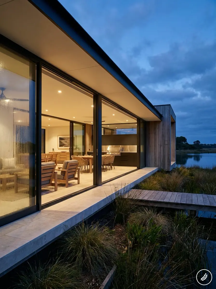 Coastal_residence_terrace_calm_w_202608061638 Modern lakeside house with floor-to-ceiling glass, illuminated open-plan living and wooden deck at dusk | Sky Rye Design Modern lakeside house with floor-to-ceiling glass, illuminated open-plan living and wooden deck at dusk