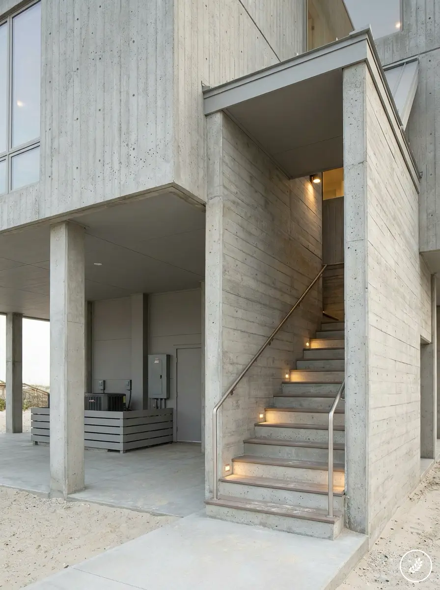 Entrance_and_service_core_beneat_202608061639 Modern concrete coastal house exterior with illuminated concrete staircase and metal handrail, raised on stilts | Sky Rye Design Modern concrete coastal house exterior with illuminated concrete staircase and metal handrail, raised on stilts