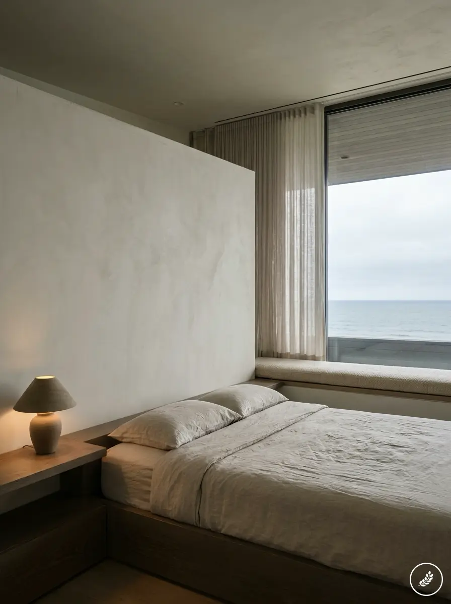 Bedroom_with_ocean_view_202608061640 Ocean-view minimalist bedroom with neutral bedding, bedside lamp, large window and sheer curtains | Sky Rye Design Ocean-view minimalist bedroom with neutral bedding, bedside lamp, large window and sheer curtains