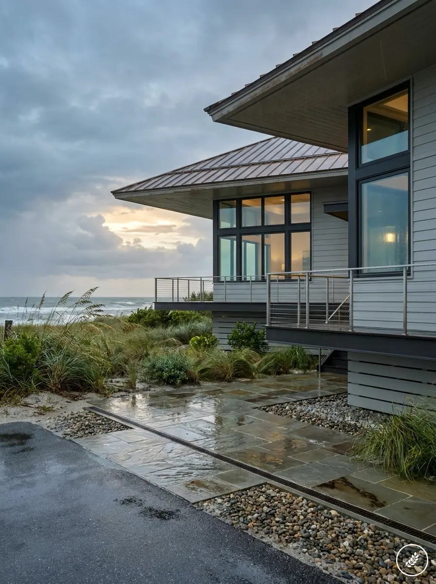 Oceanfront_house_after_rain_202608061646 Oceanfront modern beach house with large windows, wet stone patio and coastal grasses under a stormy sunset sky | Sky Rye Design Oceanfront modern beach house with large windows, wet stone patio and coastal grasses under a stormy sunset sky