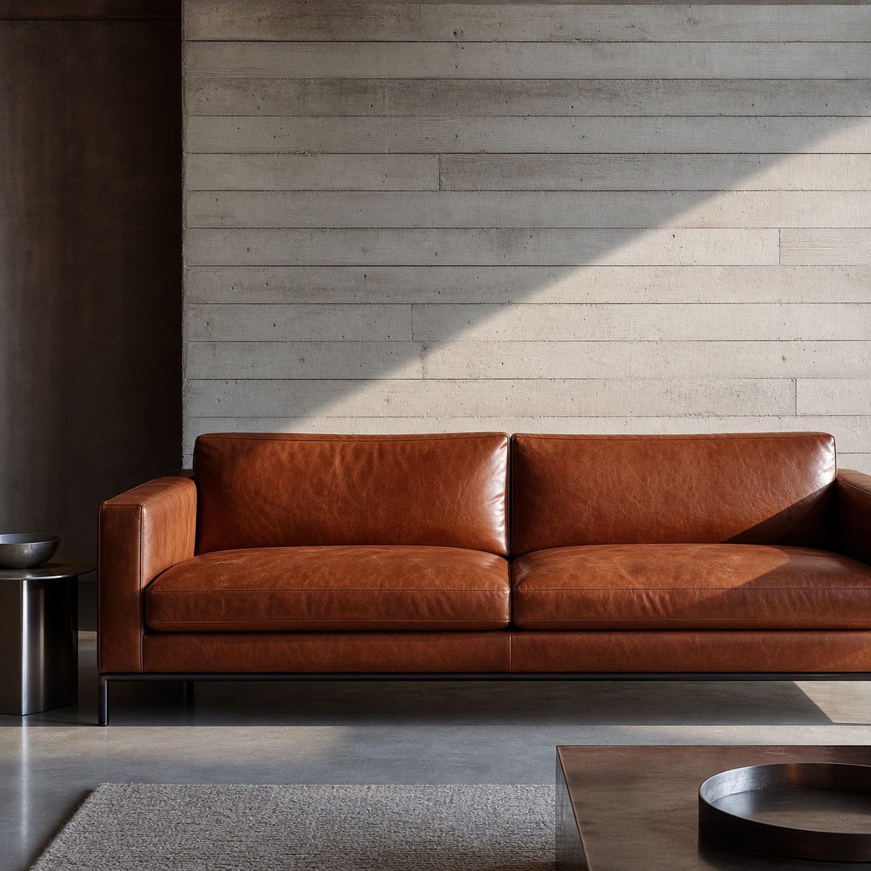 Cognac leather sofa in a concrete minimalist living room Cognac leather sofa against a board-form concrete wall | Sky Rye Design Cognac leather sofa against a board-form concrete wall
