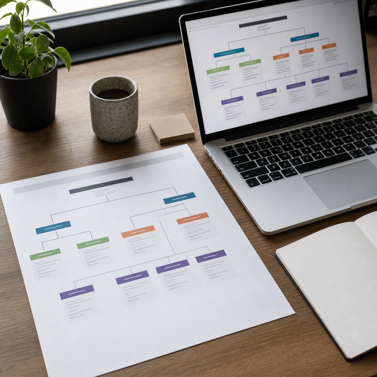 Printed and digital org chart diagrams spread across a studio desk beside a laptop.