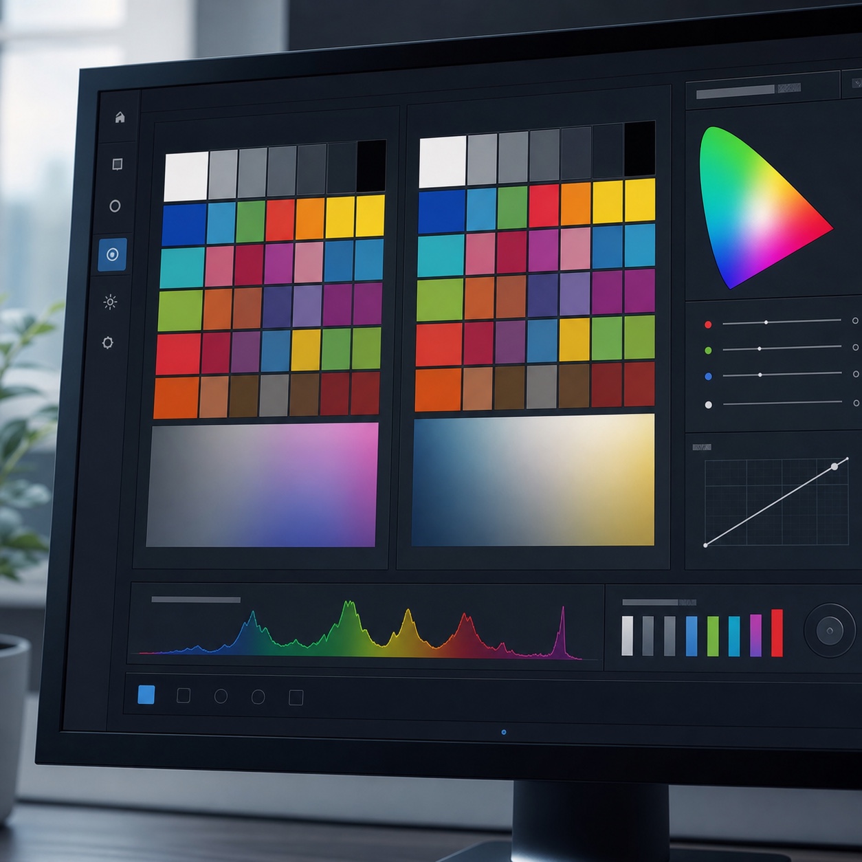 Close view of a monitor showing a color calibration interface for a design studio