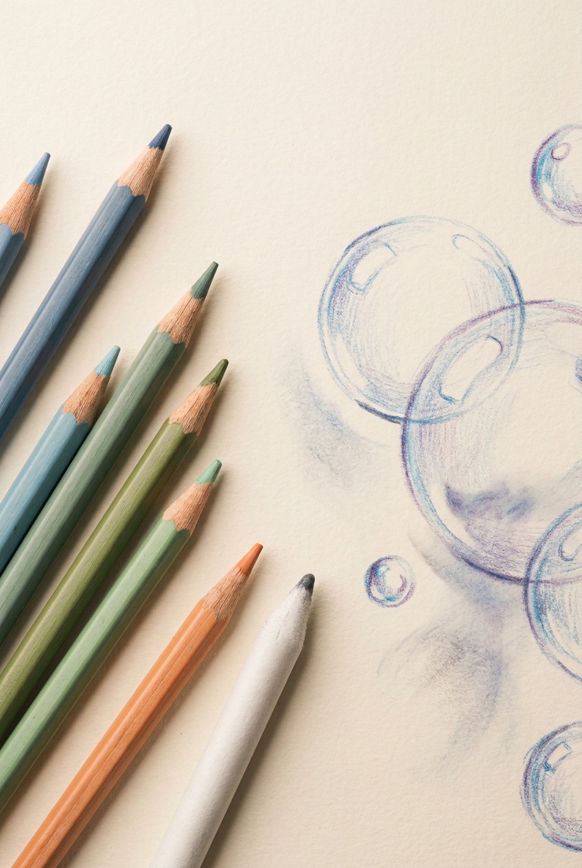 Colored pencils and a blending tool arranged beside a half-finished realistic bubble drawing.