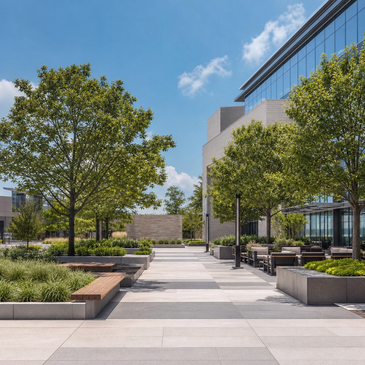 Commercial Plaza Hardscape and Softscape Wide view of a landscaped commercial plaza with paving, structured planting beds, and shade trees. | Sky Rye Design Wide view of a landscaped commercial plaza with paving, structured planting beds, and shade trees.