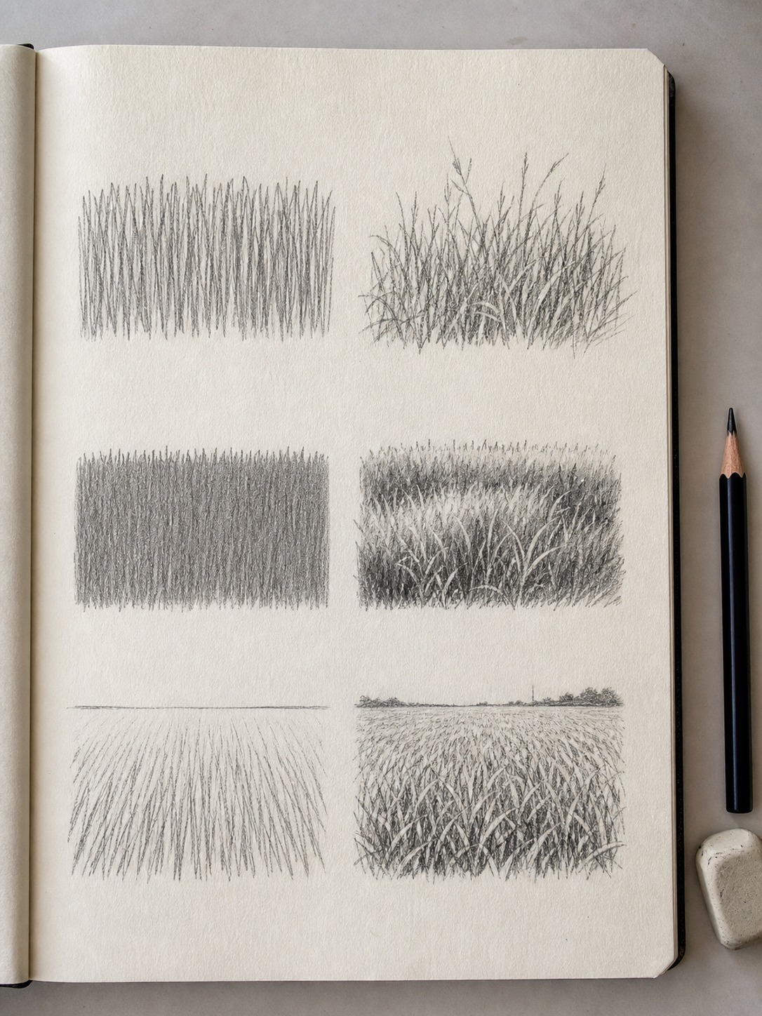 Common grass drawing mistakes and fixes Sketchbook page comparing common grass drawing mistakes with corrected pencil examples. | Sky Rye Design Sketchbook page comparing common grass drawing mistakes with corrected pencil examples.