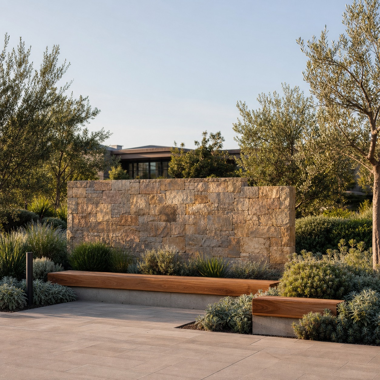 Community Entrance Plaza With Native Planting Modern community entrance plaza with native shrubs, stone signage wall, and shaded seating. | Sky Rye Design Modern community entrance plaza with native shrubs, stone signage wall, and shaded seating.
