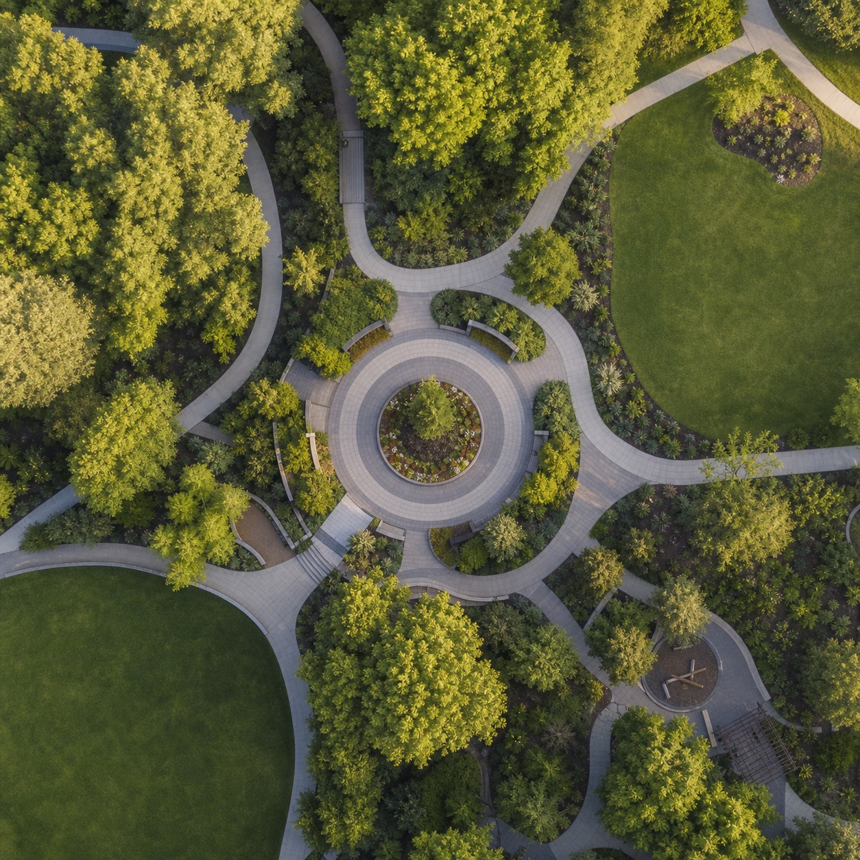Community Park Trail Layout Aerial-style view of a community park with curved trails, tree canopy, and a central gathering plaza. | Sky Rye Design Aerial-style view of a community park with curved trails, tree canopy, and a central gathering plaza.