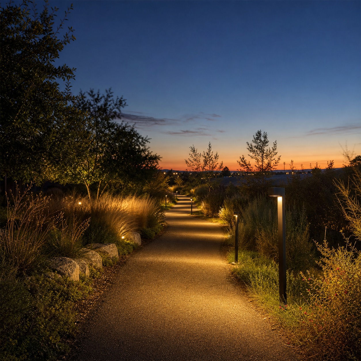 Community Trail With Path Lighting Evening community trail with warm path lighting and native planting silhouettes. | Sky Rye Design Evening community trail with warm path lighting and native planting silhouettes.