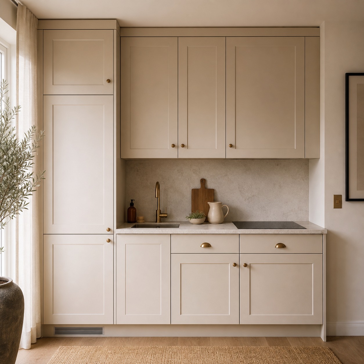 Compact Annexe Kitchenette Design A compact annexe kitchenette with full-height cabinetry, induction hob and stone worktop. | Sky Rye Design A compact annexe kitchenette with full-height cabinetry, induction hob and stone worktop.