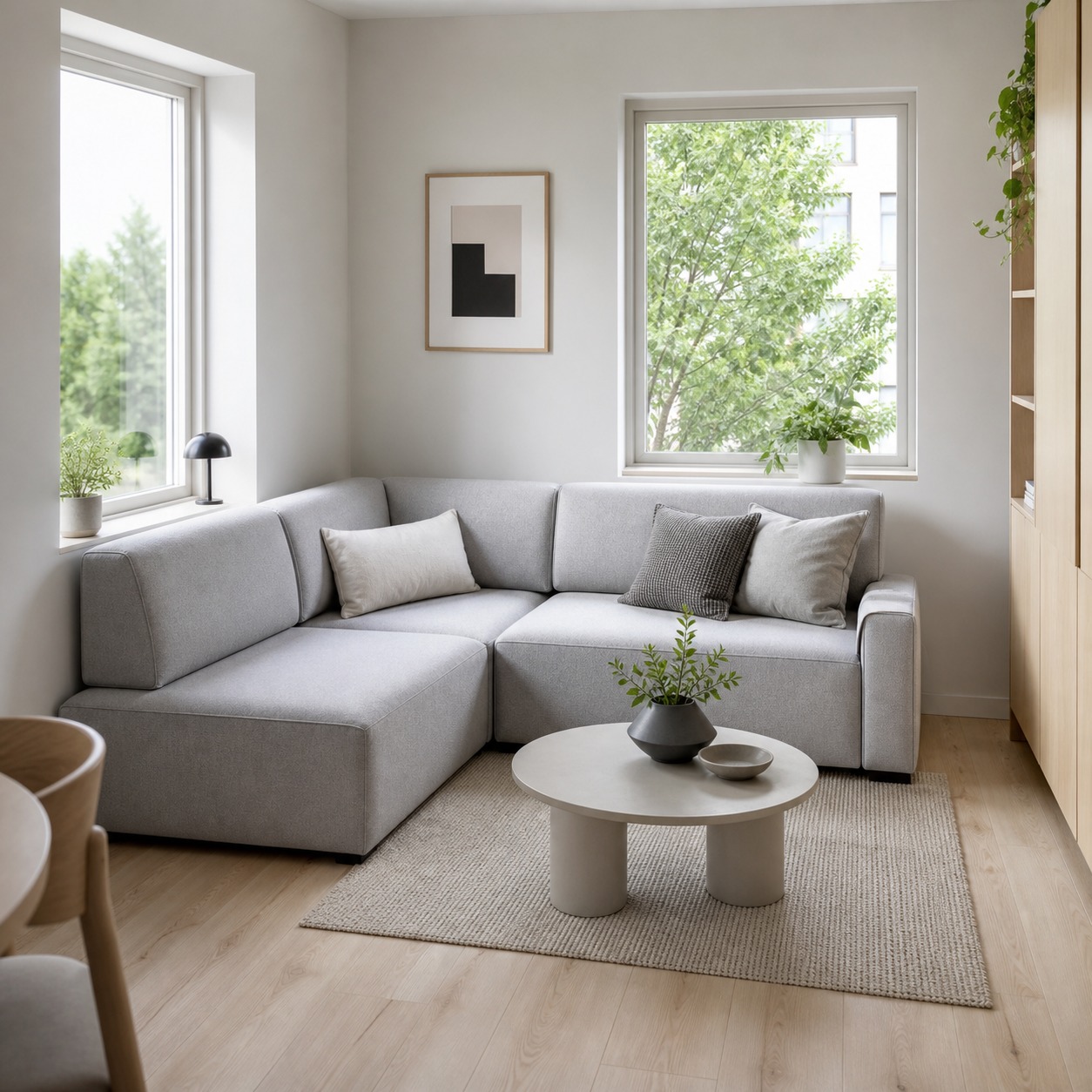 Compact pale grey modular fabric sofa for a small living room Pale grey modular fabric sofa in a small light-filled room | Sky Rye Design Pale grey modular fabric sofa in a small light-filled room