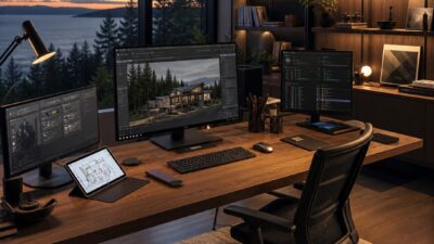 Complete remote design studio setup at dusk with synced files, rendering, and project dashboards.