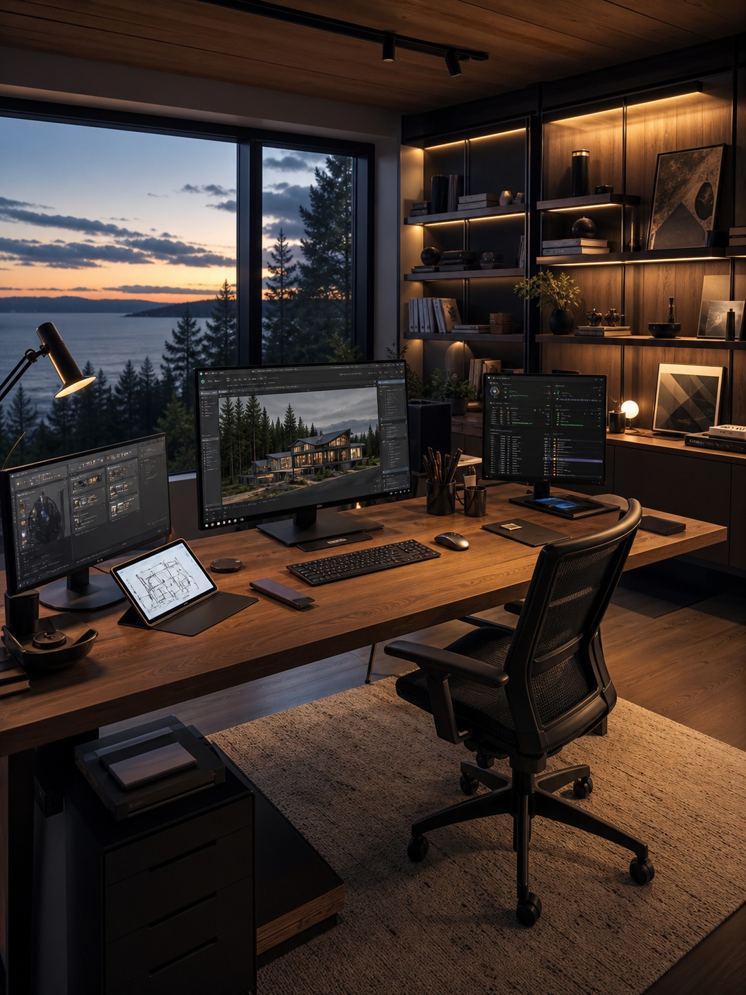 Final showcase complete remote studio setup at dusk Complete remote design studio setup at dusk with synced files, rendering, and project dashboards. | Sky Rye Design Complete remote design studio setup at dusk with synced files, rendering, and project dashboards.