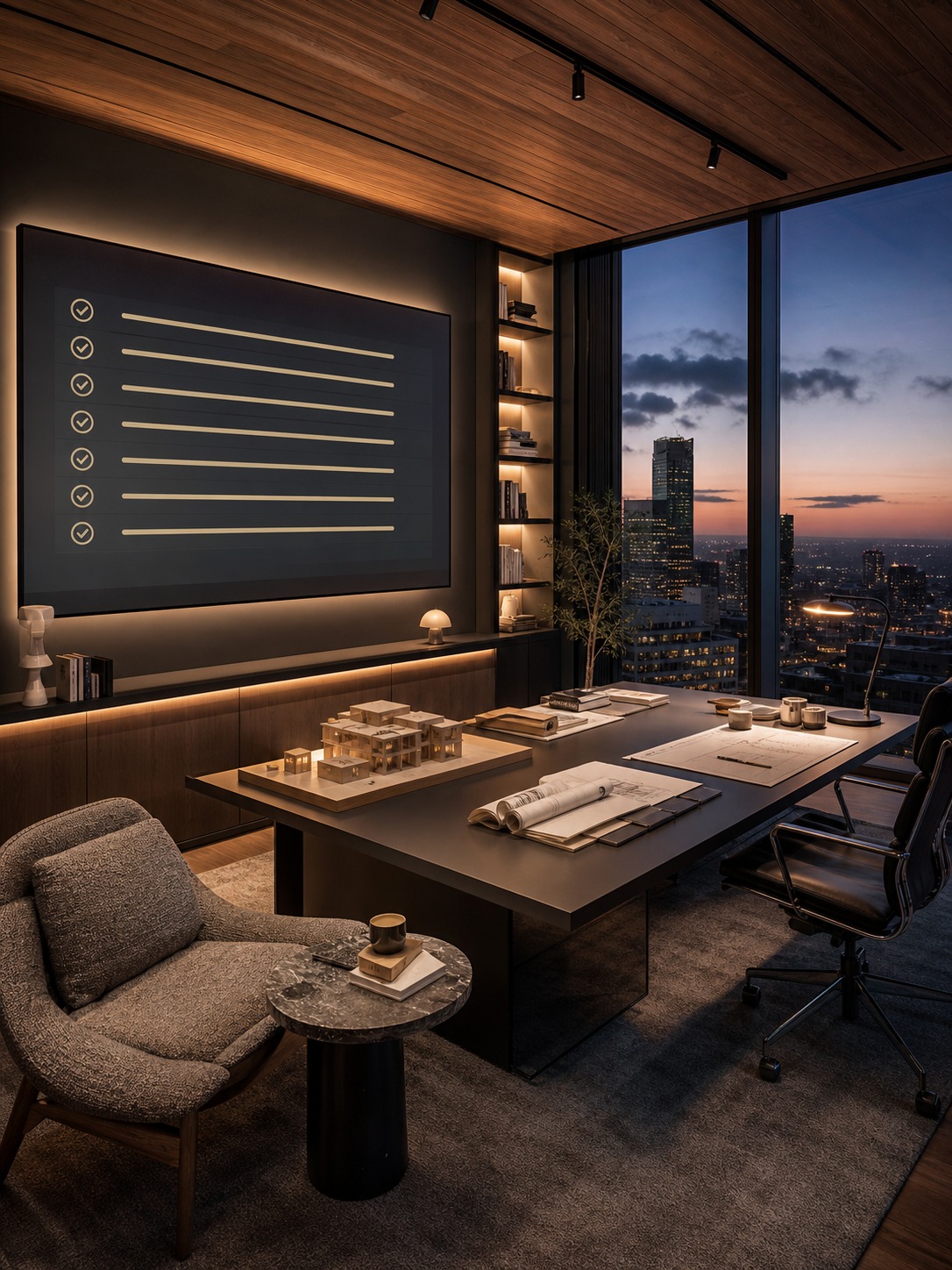 Modern design studio at dusk with a completed security checklist on a large screen.