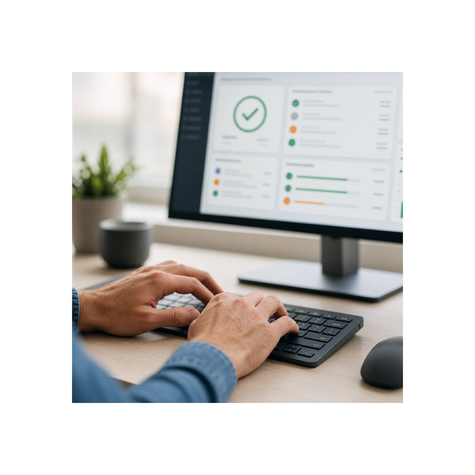 Completed security audit summary in a design studio Designer typing at a minimalist keyboard with a completed security audit summary on a blurred monitor | Sky Rye Design Designer typing at a minimalist keyboard with a completed security audit summary on a blurred monitor