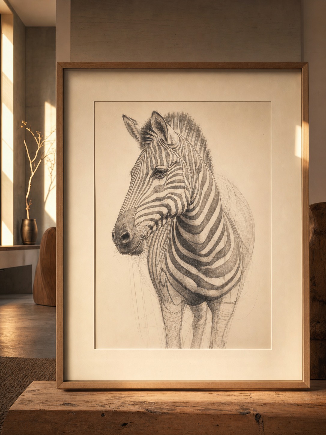 Completed graphite zebra study displayed in a warm minimalist studio setting.