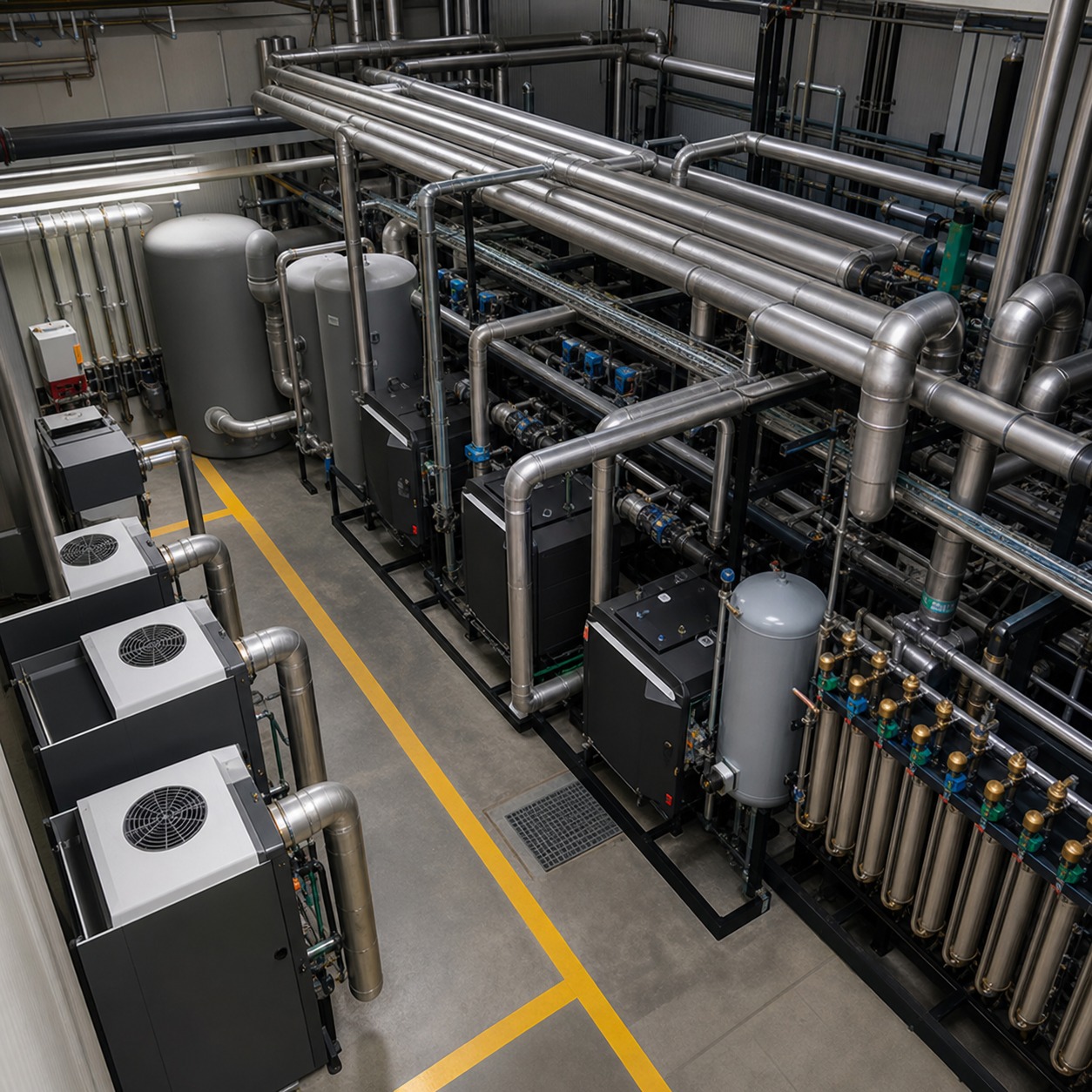 Dense mechanical room layout with routed piping and service corridors Dense mechanical room layout with routed piping and service corridors | Sky Rye Design Dense mechanical room layout with routed piping and service corridors