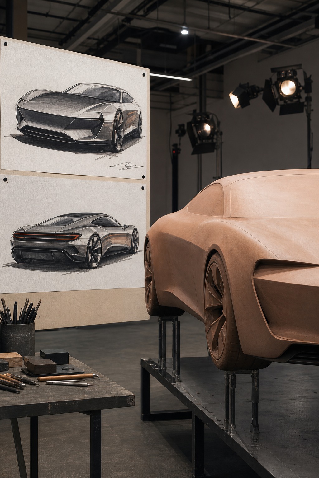 Concept car sketch beside clay model A concept car sketch pinned beside a full-size clay model in a design studio. | Sky Rye Design A concept car sketch pinned beside a full-size clay model in a design studio.