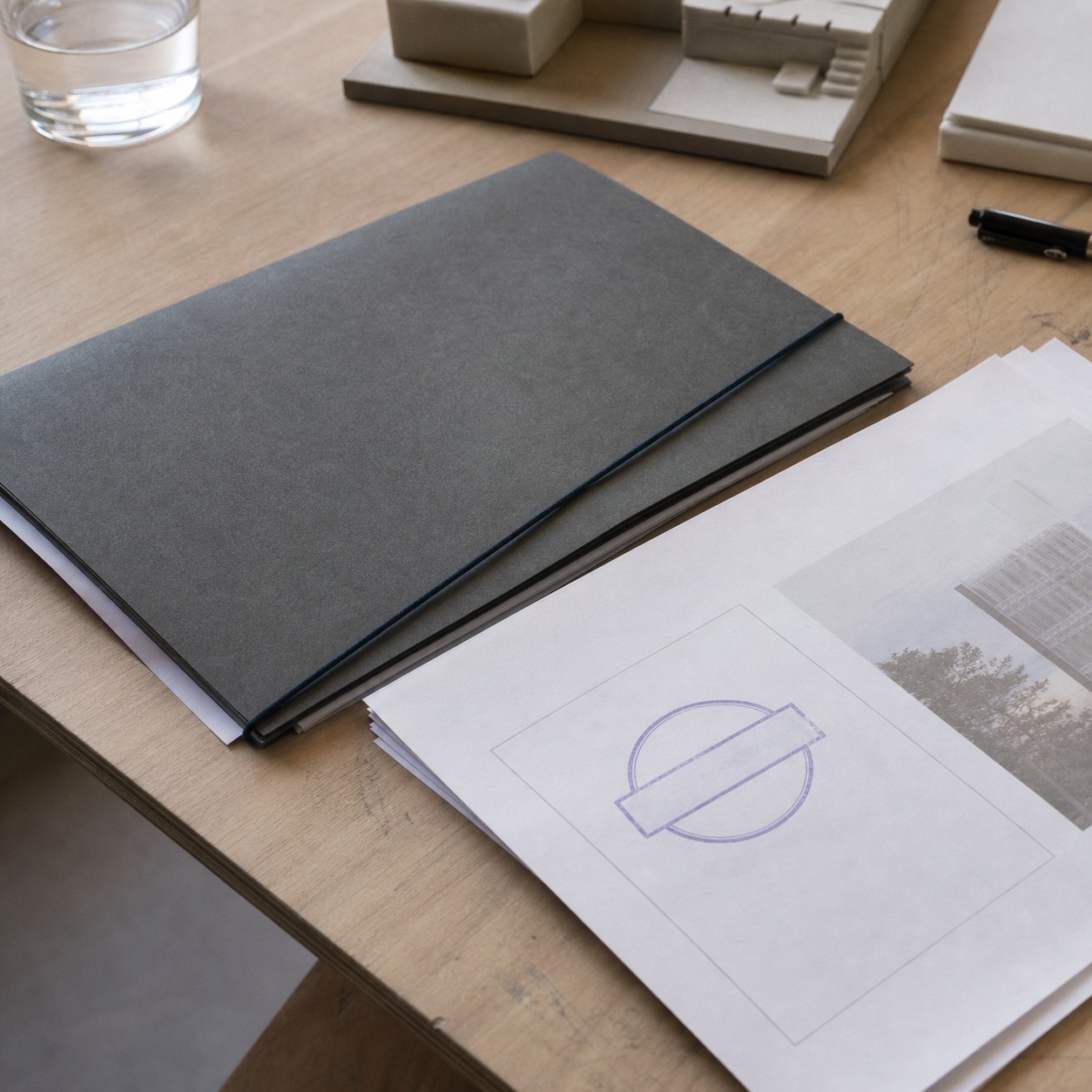 Confidential client brief Closed project folder and client proof papers arranged on a quiet design studio desk. | Sky Rye Design Closed project folder and client proof papers arranged on a quiet design studio desk.