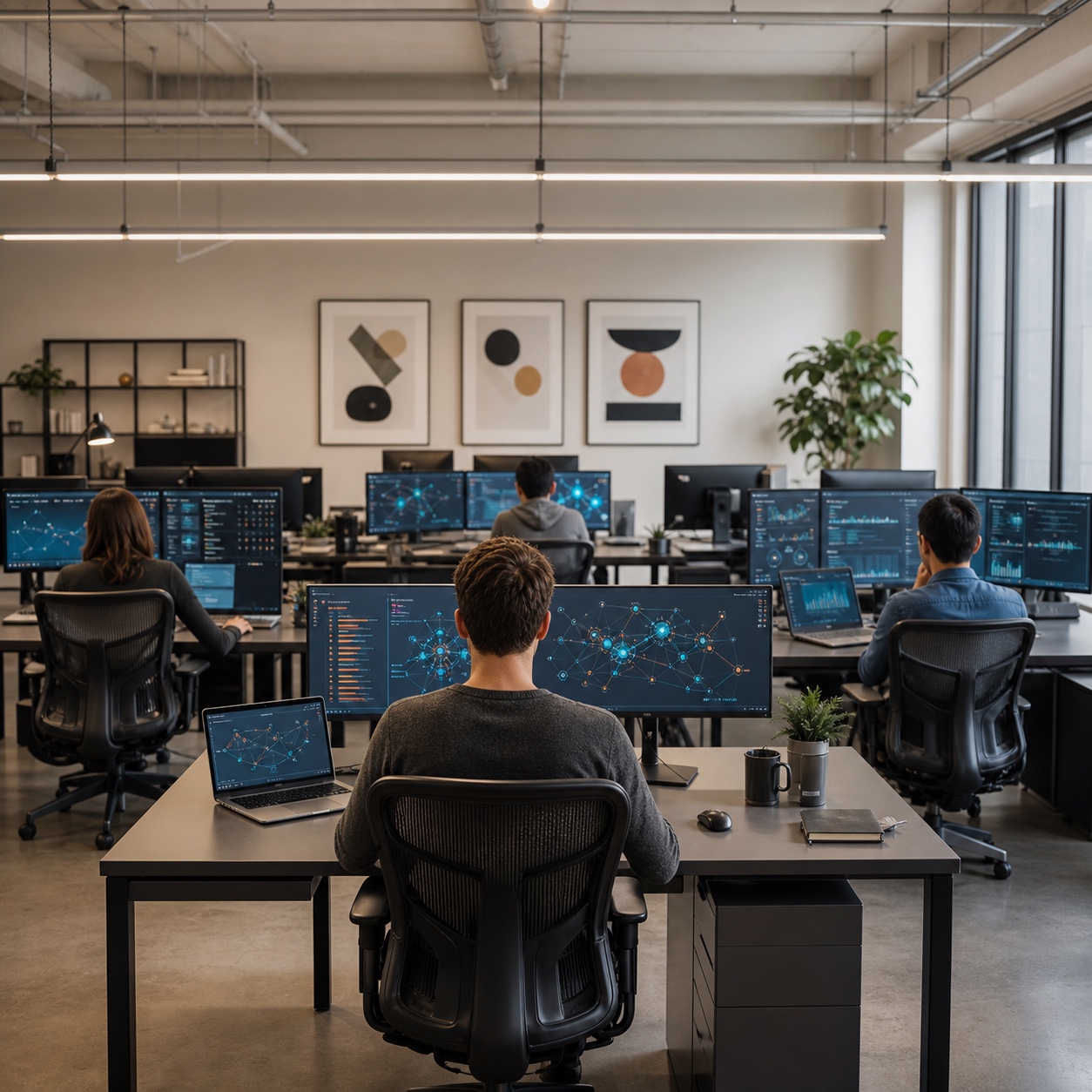 Connected hybrid design studio infrastructure A modern design studio with multiple workstations showing connected infrastructure dashboards. | Sky Rye Design A modern design studio with multiple workstations showing connected infrastructure dashboards.