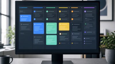 Modern design studio desk with a monitor showing an abstract project board interface.