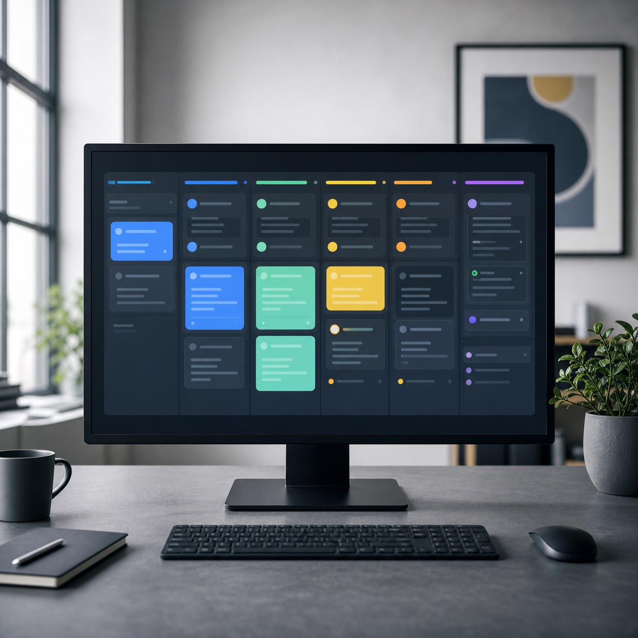 Connected project board in a design studio Modern design studio desk with a monitor showing an abstract project board interface. | Sky Rye Design Modern design studio desk with a monitor showing an abstract project board interface.