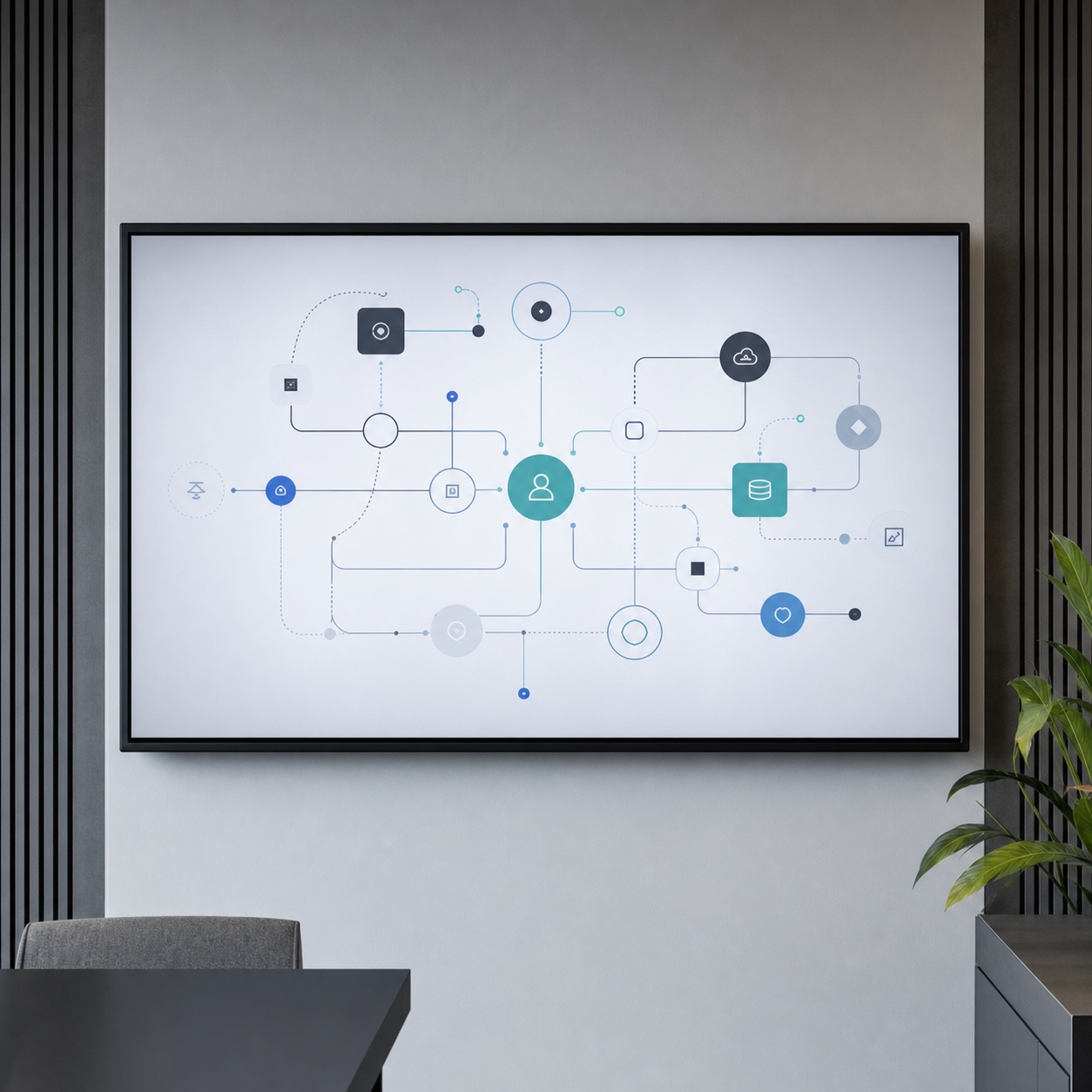Connected tool ecosystem on a studio screen Large studio screen showing an abstract connected tool ecosystem diagram. | Sky Rye Design Large studio screen showing an abstract connected tool ecosystem diagram.
