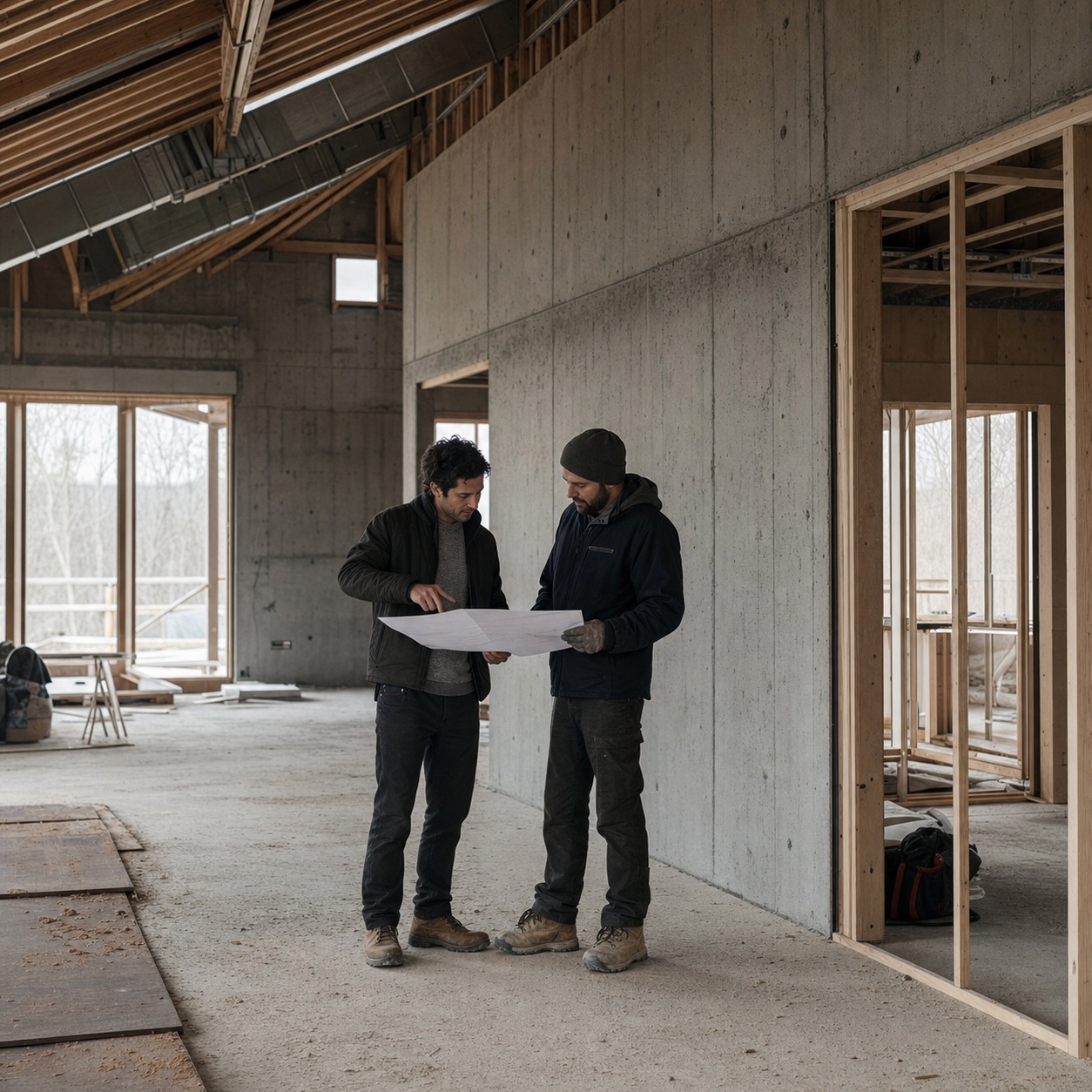 Architect and site supervisor reviewing a construction schedule Architect and site supervisor reviewing a construction schedule in a partially finished interior. | Sky Rye Design Architect and site supervisor reviewing a construction schedule in a partially finished interior.