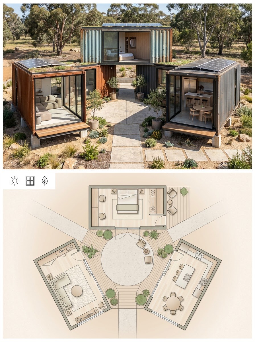 Container Cluster Arranged Around a Central Atrium or Light Well Container Cluster Arranged Around a Central Atrium or Light Well shown as a two-panel architectural board with exterior render and matching floor plan. | Sky Rye Design Container Cluster Arranged Around a Central Atrium or Light Well shown as a two-panel architectural board with exterior render and matching floor plan.