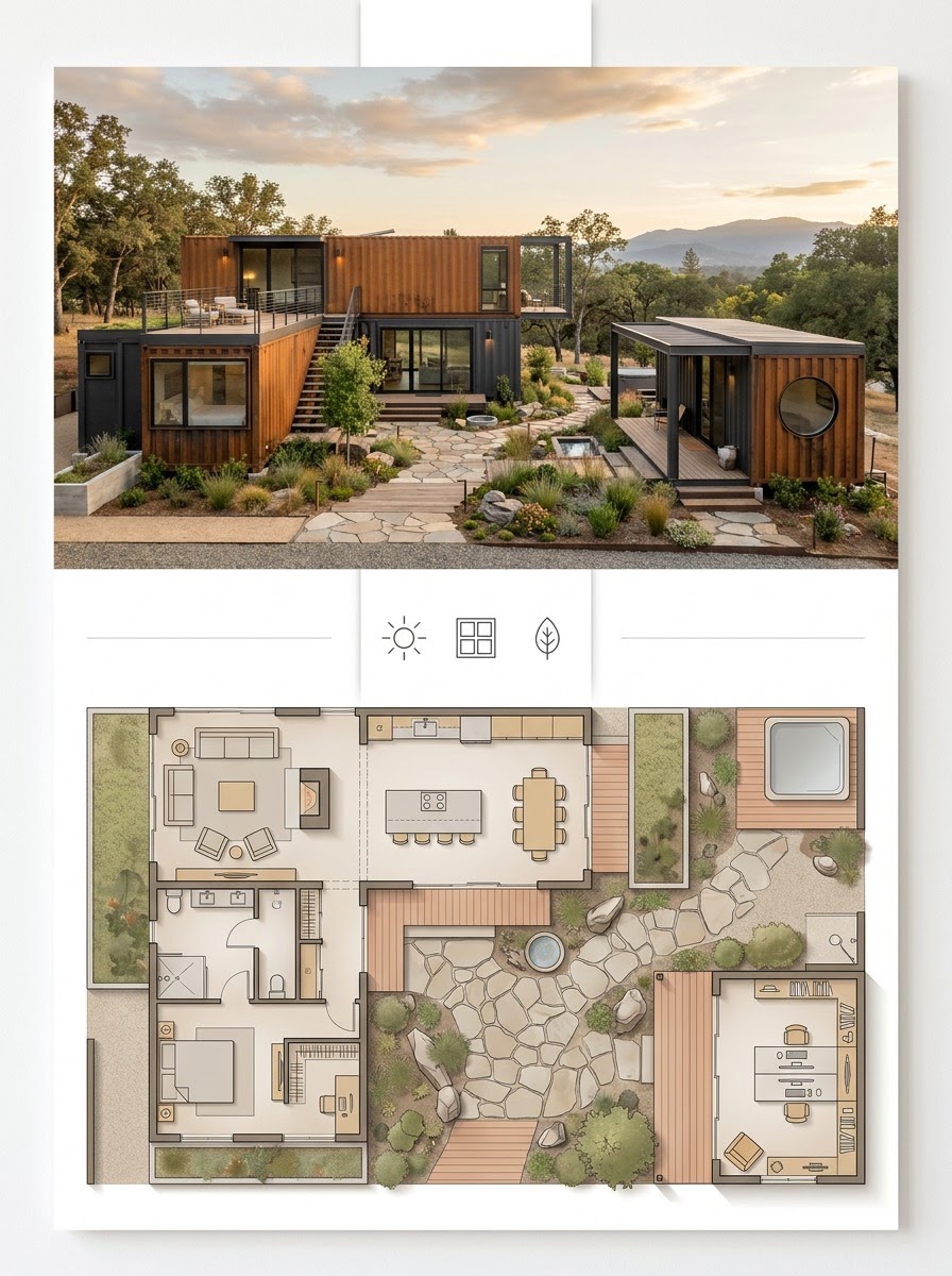 Container Home Compound With a Detached Container Studio or Office Container Home Compound With a Detached Container Studio or Office shown as a two-panel architectural board with exterior render and matching floor plan. | Sky Rye Design Container Home Compound With a Detached Container Studio or Office shown as a two-panel architectural board with exterior render and matching floor plan.