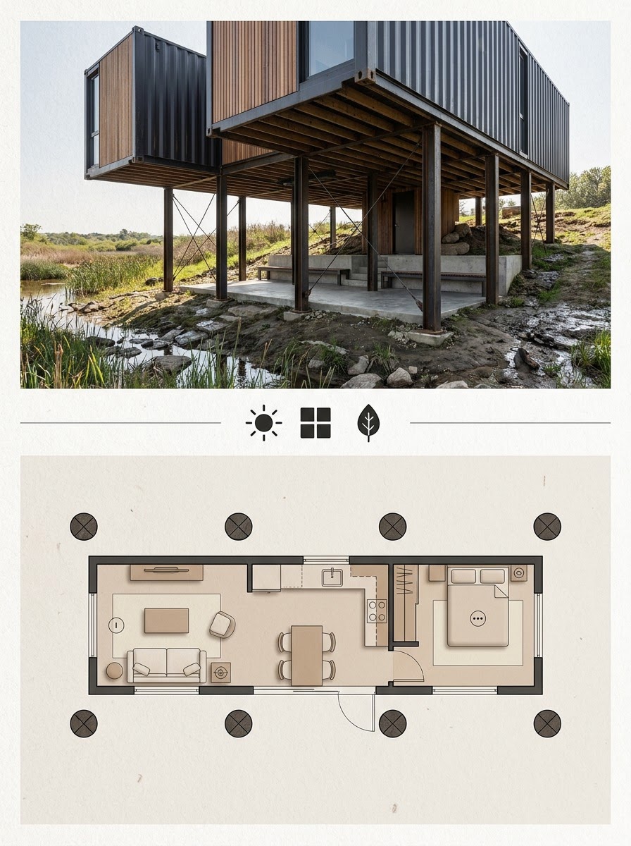 Container Home Elevated on Steel Piers for Sloped or Flood-Prone Sites Container Home Elevated on Steel Piers for Sloped or Flood-Prone Sites shown as a two-panel architectural board with exterior render and matching floor plan. | Sky Rye Design Container Home Elevated on Steel Piers for Sloped or Flood-Prone Sites shown as a two-panel architectural board with exterior render and matching floor plan.
