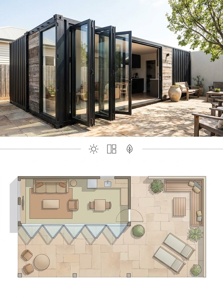 Single Container Home With a Folding Wall System Opening to a Courtyard Single Container Home With a Folding Wall System Opening to a Courtyard shown as a two-panel architectural board with exterior render and matching floor plan. | Sky Rye Design Single Container Home With a Folding Wall System Opening to a Courtyard shown as a two-panel architectural board with exterior render and matching floor plan.